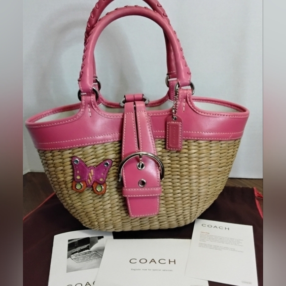 Coach Handbags - Coach Limited Edition Hand woven Straw & Pink Leather Tote & Coach dust bag.